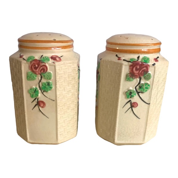 VTG Japan Shabby Chic Rose Floral Basket Weave Extra Large Salt & Pepper Shaker - Picture 3 of 7